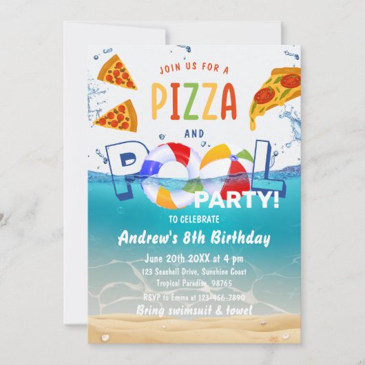 Pizza & Pool Party Sommerwasser Geburtstag Einladung (Vorderseite)