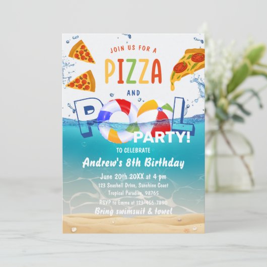 Pizza & Pool Party Sommerwasser Geburtstag Einladung (Stehend Vorderseite)