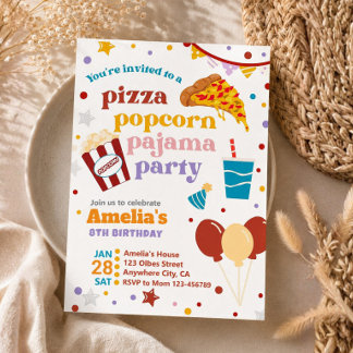 Pizza Popcorn und Pajamas Einladung zum Geburtstag