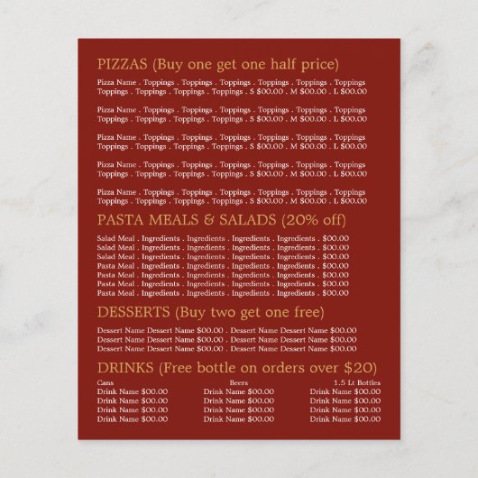 Pizza Restaurant, Pizzeria Menu Werbung Flyer (Hinten)