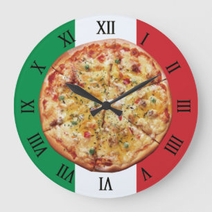 Pizza - Roman Numerals Italian Flag Große Wanduhr