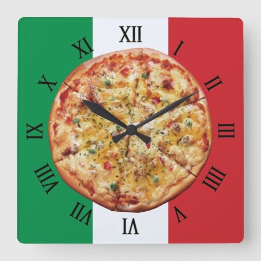 Pizza ~ römische Zahlen ~ italienische Flagge ~ Quadratische Wanduhr (Vorderseite)
