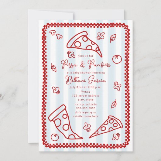 Pizza & Schnuller Sketch Doodle Boy Kinderdusche Einladung (Vorderseite)