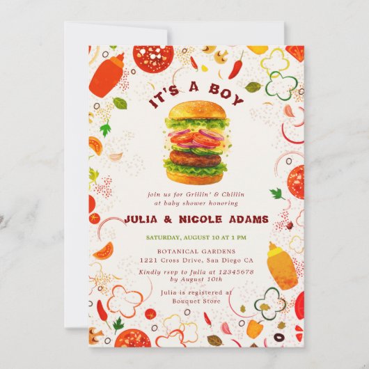 Pizza & Schnuller Toppings Burger GRILLEN Kinderdu Einladung (Vorderseite)