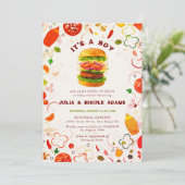 Pizza & Schnuller Toppings Burger GRILLEN Kinderdu Einladung (Stehend Vorderseite)