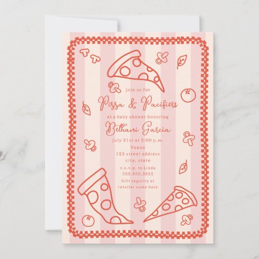 Pizza & Schnullers Sketch Doodle Girl Babydusche Einladung (Vorderseite)