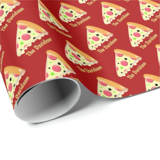 Pizza Slice with Family Name on Red Geschenkpapier (Rolleneckpunkt)