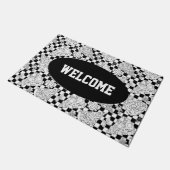 Pizza Slices Schwarz-weiß Checked Koch Willkommen Fußmatte (Schrägansicht)