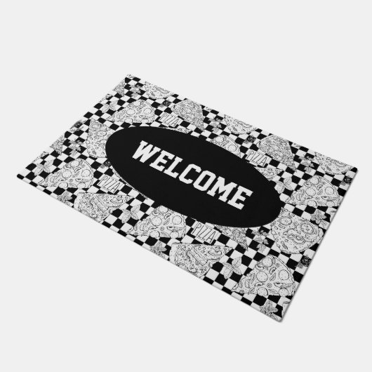Pizza Slices Schwarz-weiß Checked Koch Willkommen Fußmatte (Schrägansicht)