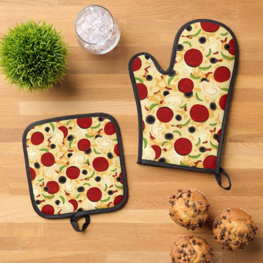 Pizza Toppings Pattern Ofenhandschuh & Topflappen-Set (Oben Unten)
