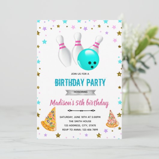 Pizza und Bowling zum Geburtstag Einladung (Stehend Vorderseite)