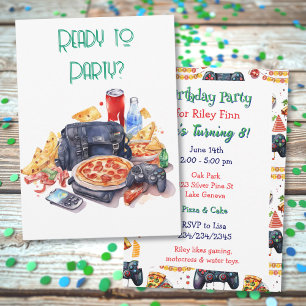 Pizza und Gaming Boys Geburtstagsparty Einladung