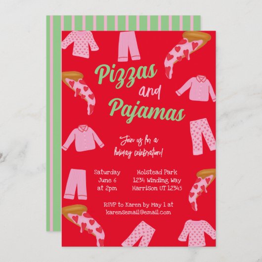Pizza und Pajama Party Holiday Party Einladung (Vorne/Hinten)