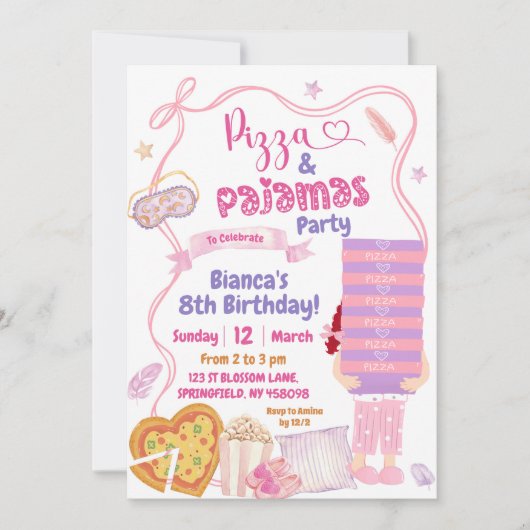 Pizza und Pajamas Geburtstag Einladung (Vorderseite)