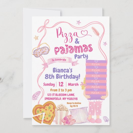 Pizza und Pajamas Geburtstag Einladung (Vorderseite)
