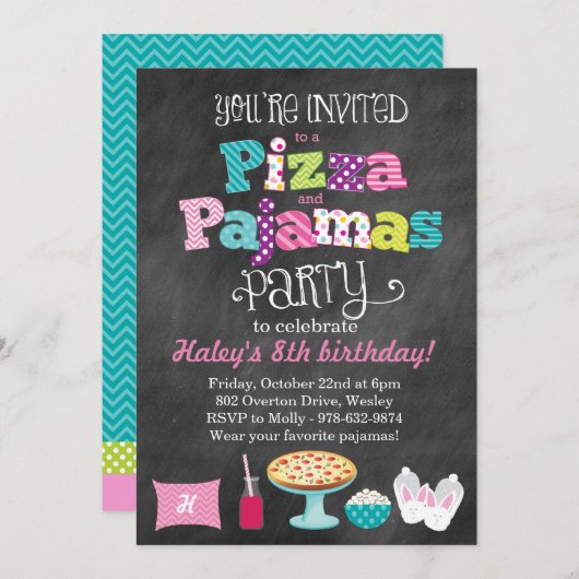 Pizza und Pajamas Party Einladung (Vorne/Hinten)