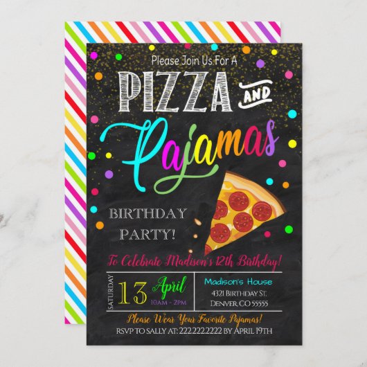 Pizza und Pajamas Party Einladung (Vorne/Hinten)