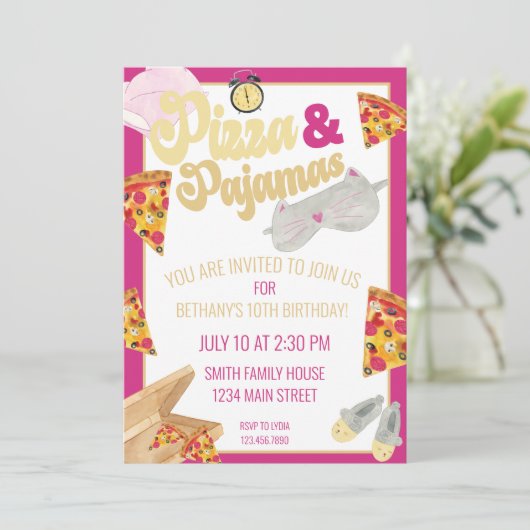 Pizza und Pajamas Slumber Party Sleepover Geburtst Einladung (Stehend Vorderseite)