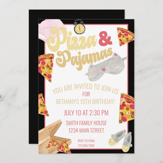 Pizza und Pajamas Slumber Party Sleepover Geburtst Einladung (Vorne/Hinten)