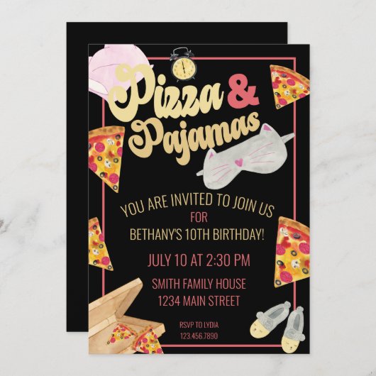 Pizza und Pajamas Slumber Party Sleepover Geburtst Einladung (Vorne/Hinten)