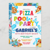 Pizza und Party Schwimmbad Zum Geburtstag einladen Einladung (Vorne/Hinten)