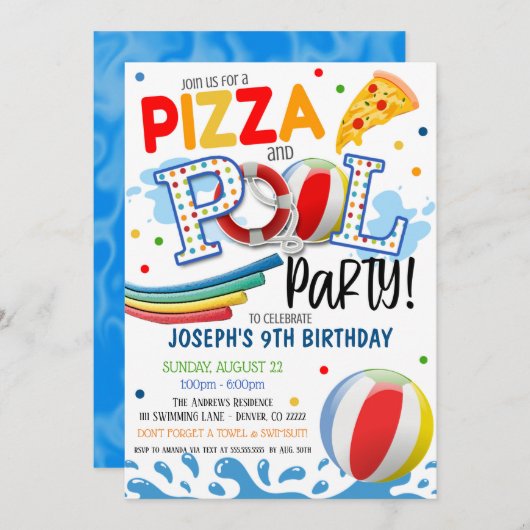 Pizza und Pool-Party Einladung (Vorne/Hinten)