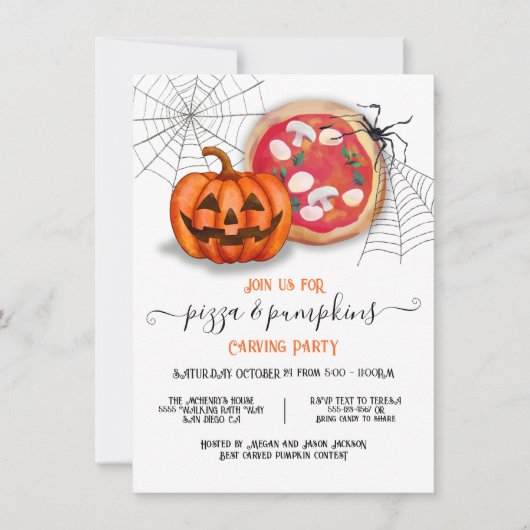 Pizza und Pumpkins Carving Halloween-Party Einladung (Vorderseite)