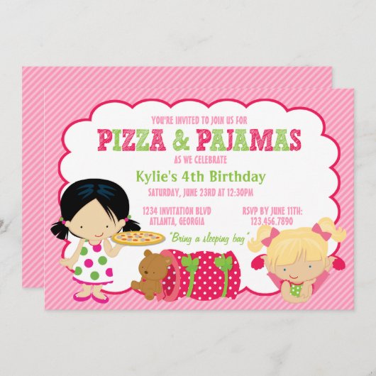 Pizza-und Pyjamassleepover-Party Einladung (Vorne/Hinten)