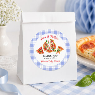 Pizza und Schnuller Blau Gingham Jungen Baby Showe Runder Aufkleber