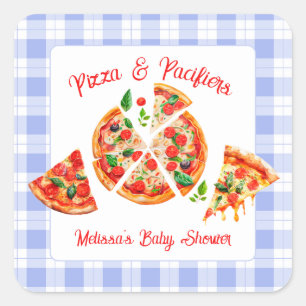 Pizza und Schnuller Junge Blau Gingham-Baby-Party Quadratischer Aufkleber