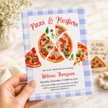 Pizza und Schnuller Junge Blau Gingham Babyparty