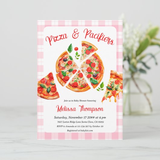 Pizza und Schnuller Pink Kariert Baby Dusche Party Einladung (Stehend Vorderseite)