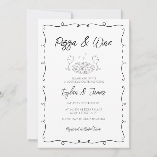 Pizza & Wine Scribble Hand Drawn Couples Dusche Einladung (Vorderseite)