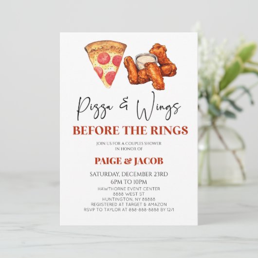 Pizza & Wings Before Rings Wedding Couples Dusche Einladung (Stehend Vorderseite)
