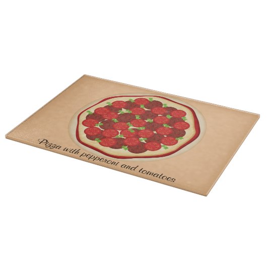 Pizza with pepperoni und Tomatoes Schneidebrett (Ecke)