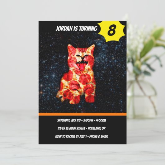 Pizzakatze im Weltraum Einladung (Stehend Vorderseite)