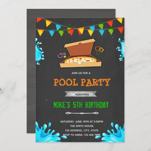 Pizzapool-Party Einladung (Vorne/Hinten)