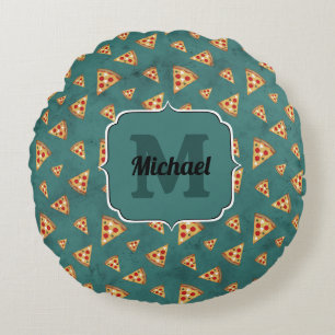 Pizzastücke im coolen Vintage-Teal-Muster Monogram Rundes Kissen