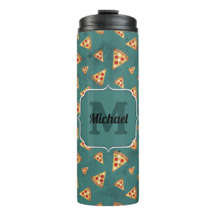 Pizzastücke im Retro-Teal-Muster mit Monogramm Thermosbecher