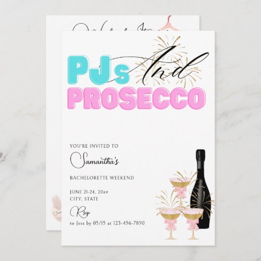 PJs Prosecco Pajama Party Bachelorette Weekend Einladung (Vorne/Hinten)