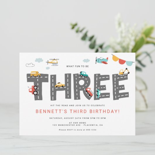 Pkw & Lkw Stadtverkehr DRITTER Geburtstag Einladung (Stehend Vorderseite)