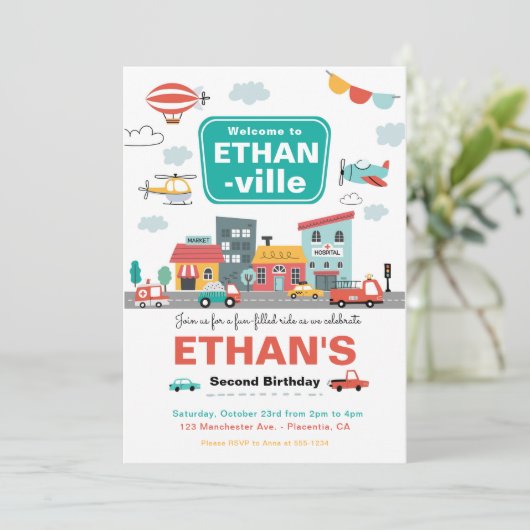 Pkw & Lkw Stadtverkehr Geburtstagsparty Einladung (Stehend Vorderseite)
