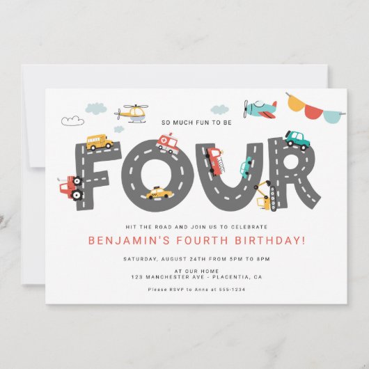 Pkw & Lkw Stadtverkehr VIERTER Geburtstag Einladung (Vorderseite)