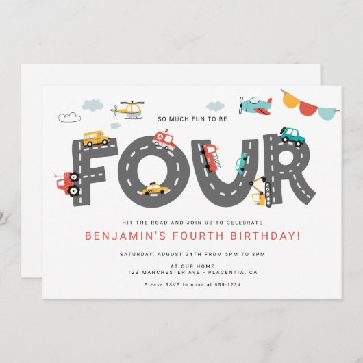 Pkw & Lkw Stadtverkehr VIERTER Geburtstag Einladung (Vorne/Hinten)