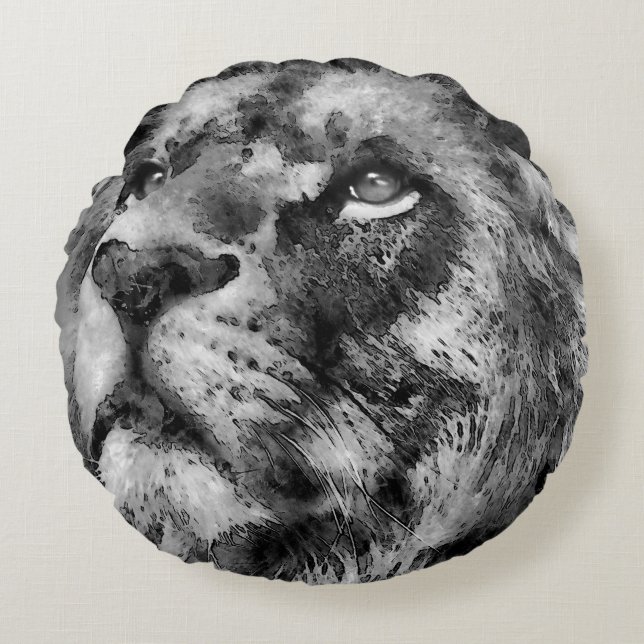 Placid Lion Face Silver Rundes Kissen (Vorderseite)