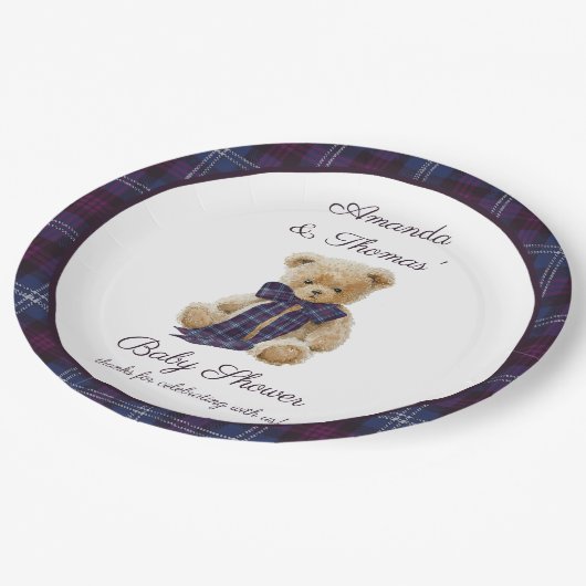 Plaid Bear Themed Baby Shower Pappteller (Schrägansicht)