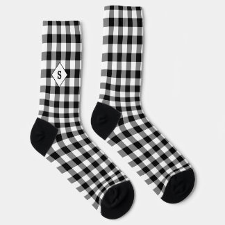 Plaid Black & White Initial Monogram Socken