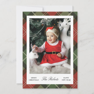 Plaid Border Christmas and New Year Photo Card Feiertagskarte