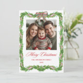 Plaid Bow Greenery Frame Photo Feiertagskarte (Stehend Vorderseite)