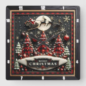 Plaid Christmas Trees Santa Sleigh Quadratische Wanduhr (Vorderseite)